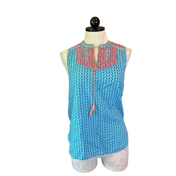 J Crew Blue Aztec Neon Orange Embroidered Tassel Sleeveless Top Sz 0 Boho - Picture 1 of 10